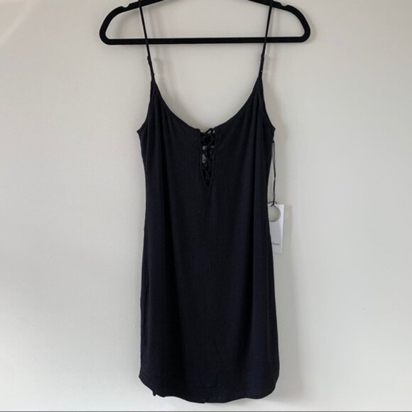 Revolve Privacy Please Terry Mini Dress Lace Up Ribbed knit Black Size Medium - Picture 6 of 16